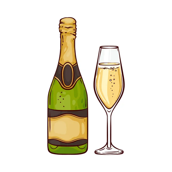 Ilustración vectorial de champán en botella cerrada y copa de vino en estilo sketch . — Archivo Imágenes Vectoriales