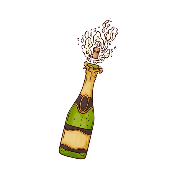 Vector illustration of champagne bottle with popping cork and explosion of golden alcohol fizzy drink. — Stock Vector