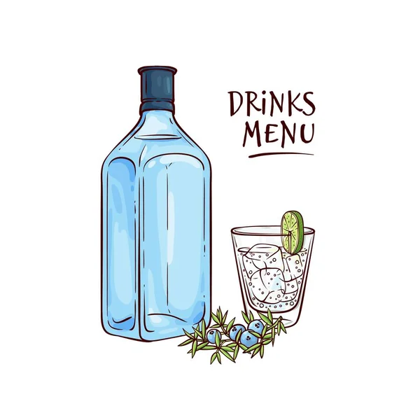 Vectorillustratie van gin en tonic cocktail in glas met fles alcohol drinken en jeneverbes bessen. — Stockvector