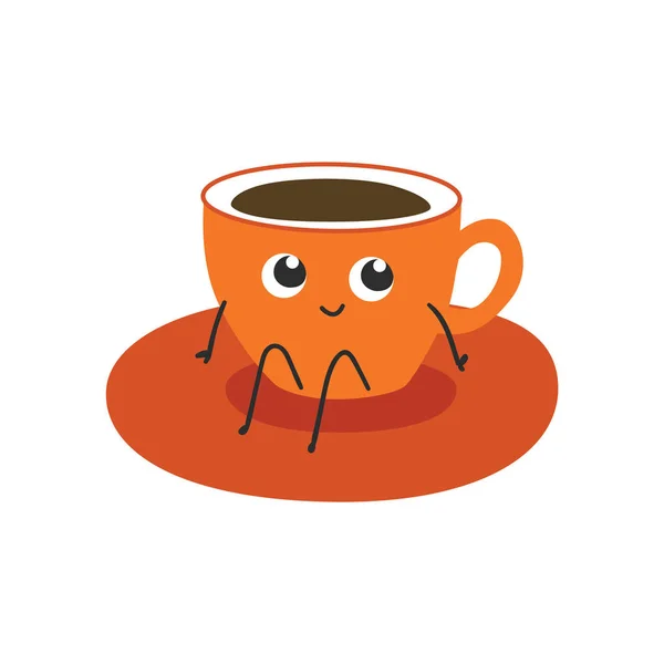 Ilustración vectorial de la taza de café o té personaje de dibujos animados taza de naranja con bebida sentado en platillo . — Vector de stock