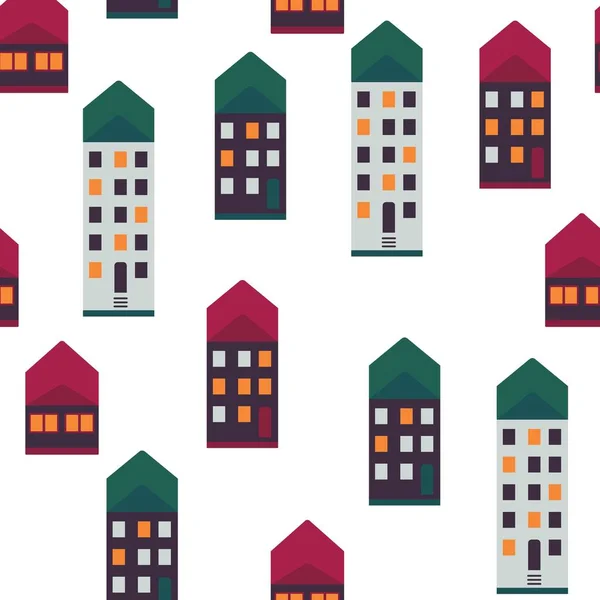 Ciudad casas vector ilustración patrón sin costuras con casas de varios pisos con luz en ventanas y techos de colores . — Archivo Imágenes Vectoriales