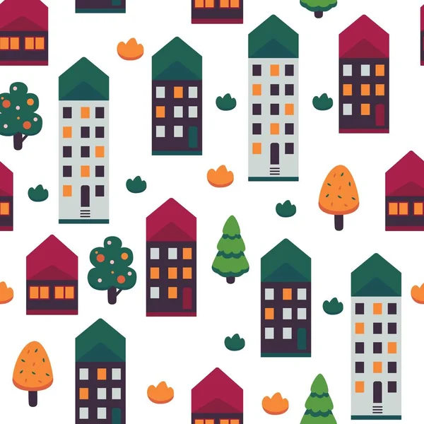 Vector illustration of autumn city seamless pattern on white background. — Stock Vector