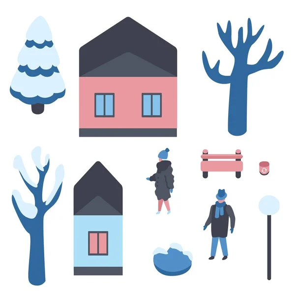 Vektor Illustration Set von Winterstadt-Elementen für saisonales Design im flachen Stil. — Stockvektor