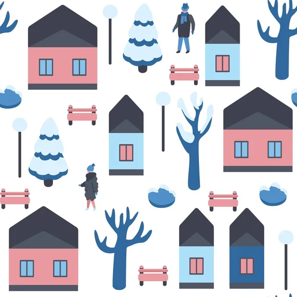 Winter Stadtbild Vektor Illustration nahtlose Muster mit Menschen zu Fuß auf der Straße mit Häusern und schneebedeckten Bäumen. — Stockvektor