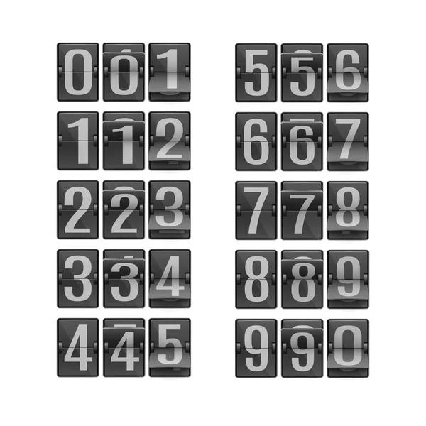 Vektorillustration Ziffernsatz auf schwarzem mechanischem Flip-Stundenplan in verschiedenen Positionen. — Stockvektor
