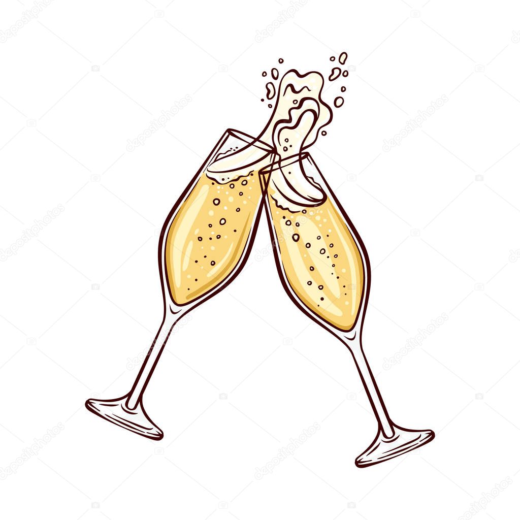 Vector illustration of two wineglasses with champagne in sketch style.