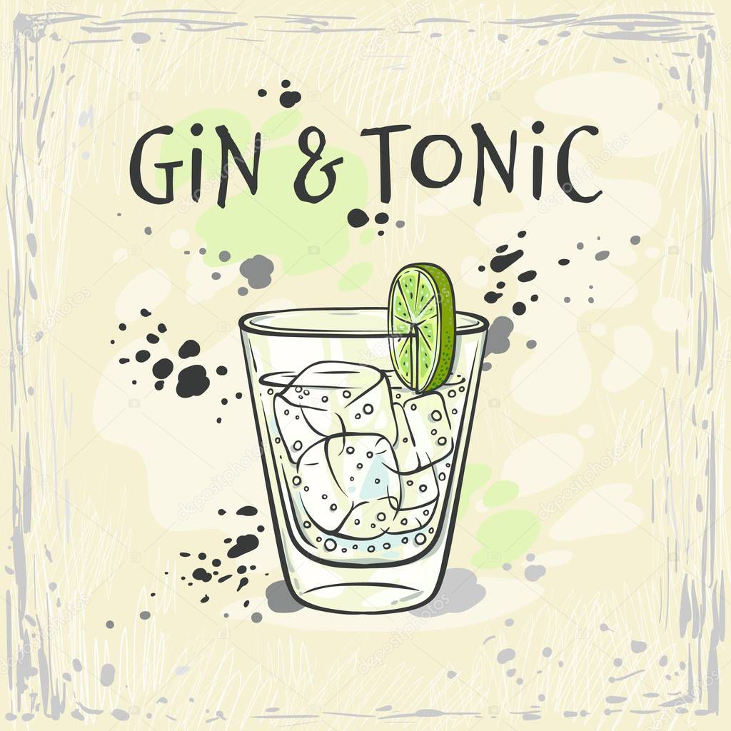 Vector illustration of gin and tonic cocktail in glass with ice cubes and slice of green fresh lime.