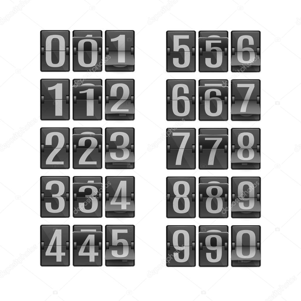 Vector illustration set of digits on black flip mechanical timetable in different positions.