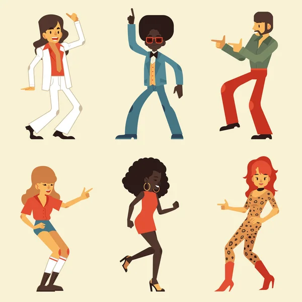 Illustration vectorielle ensemble de danseuses rétro disco personnes portant des vêtements et coiffures dans le style des années 70 . — Image vectorielle