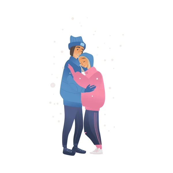 Vector sketch amantes abraçando andando no inverno — Vetor de Stock