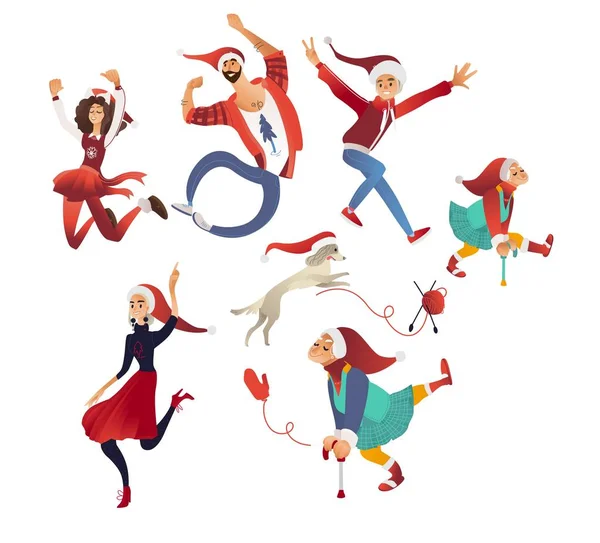 Vector illustration of happy Christmas and New Year celebration with family members jumping and dancing. — Stock Vector