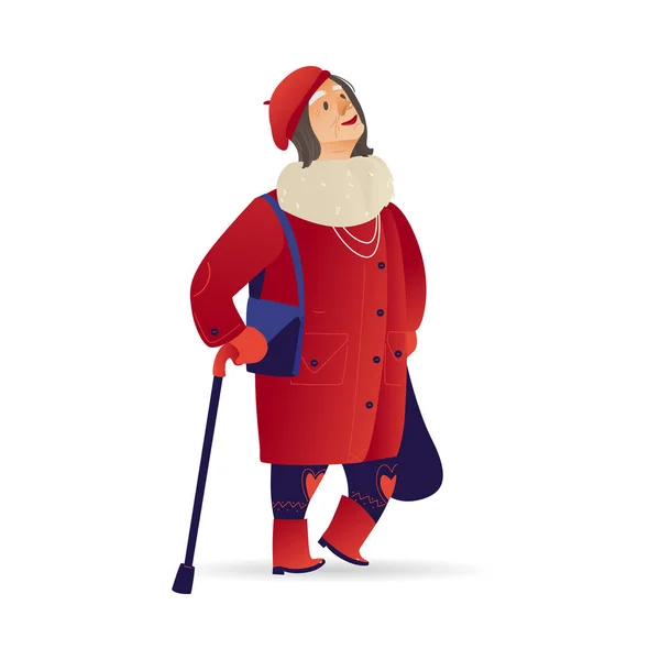 Vector äldre kvinna äldre dam promenader på vintern — Stock vektor