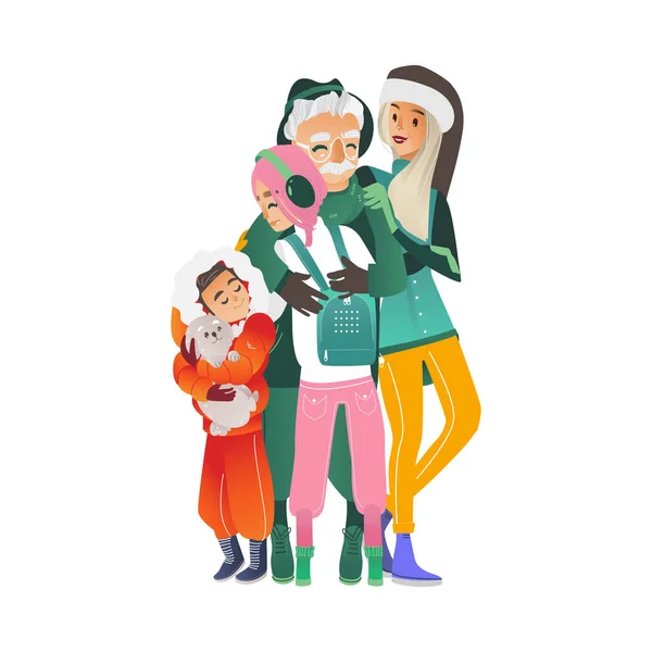 Illustrazione vettoriale della famiglia che abbraccia in inverno isolata su sfondo bianco . — Vettoriale Stock