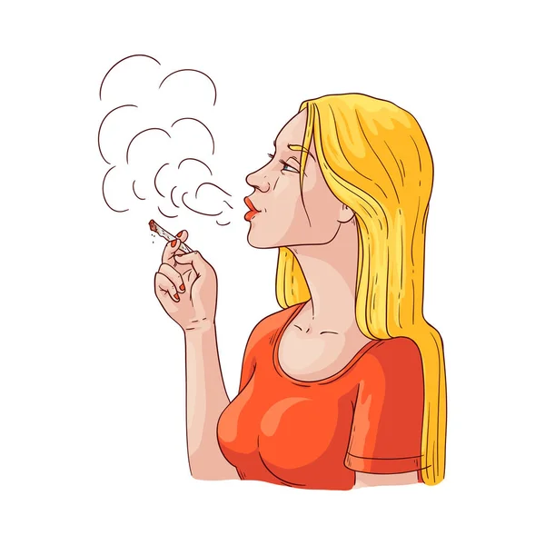 Vecteur jeune femme fumant avec icône de cigarette — Image vectorielle