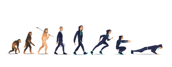 Ilustracja wektorowa ewolucji człowieka z ape przez biznesmena do sportowca. — Wektor stockowy