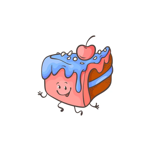 Ilustração vetorial de bolo em camadas com esmalte e personagem de desenho animado de cereja . —  Vetores de Stock