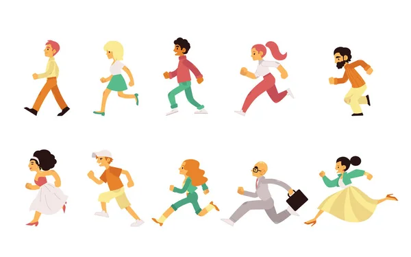 Conjunto de ilustración vectorial de personas felices de la diversidad corriendo hacia adelante . — Vector de stock