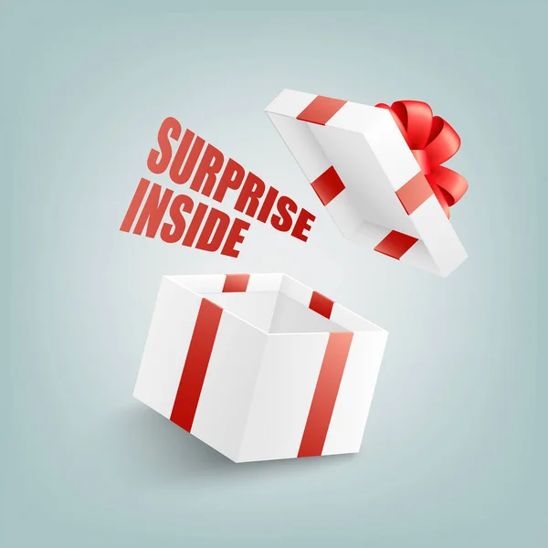 Caja de regalo blanca abierta con cinta roja y lazo, cubierta voladora y signo Surprise Inside . — Vector de stock