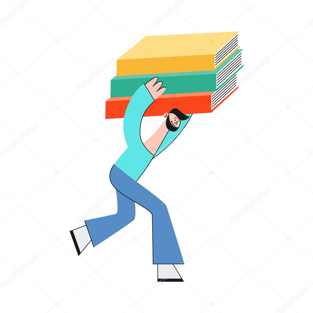 Vector illustration of man carrying stack of big and heavy paper documents or books.