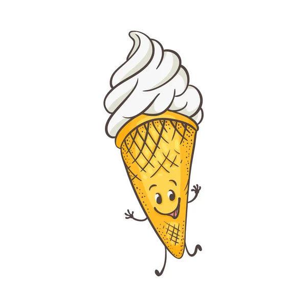 Ilustração vetorial de sorvete em wafer cone personagem de desenho animado em estilo esboço . — Vetor de Stock