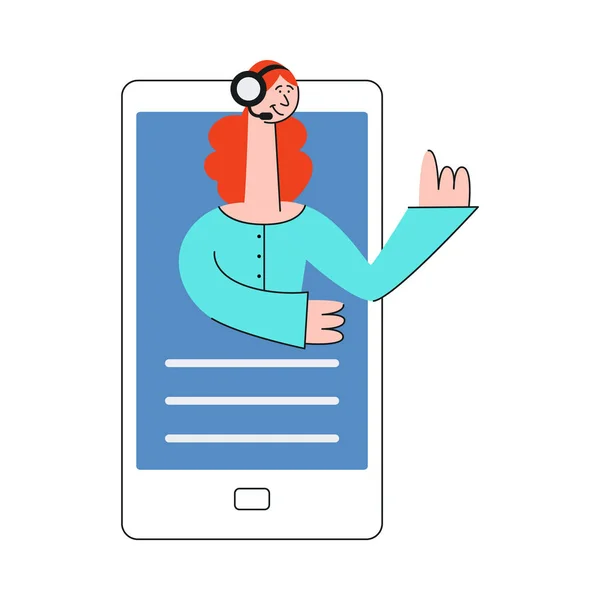 Assistente virtuale in linea che consulta e fornisce aiuto da schermo di smartphone grande . — Vettoriale Stock