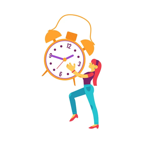 Vector mujer plana sosteniendo mesa reloj sonriendo — Archivo Imágenes Vectoriales