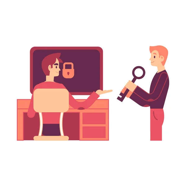 Vector illustration of one man giving to another key to access computer. — Stock Vector
