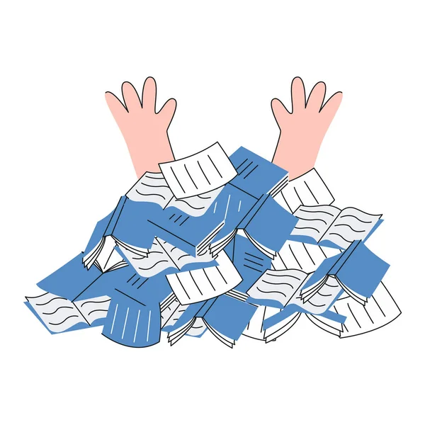 Přepracovaní osoba pod hromadu dokumentů papíry a poznámkové bloky v plochý. — Stockový vektor