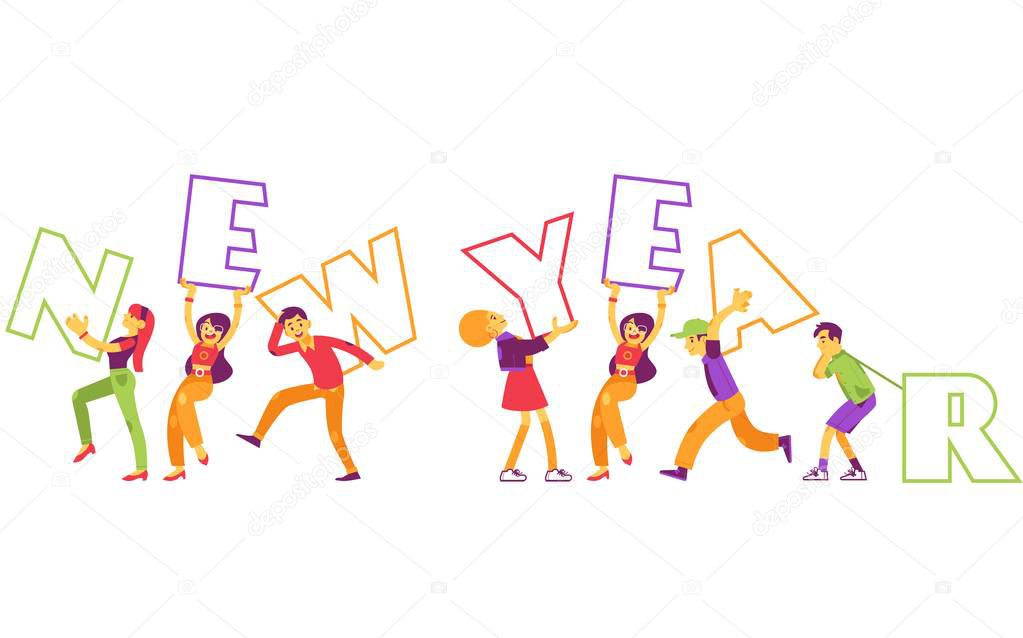 Vector illustration of New Year text design with small people holding big letters.
