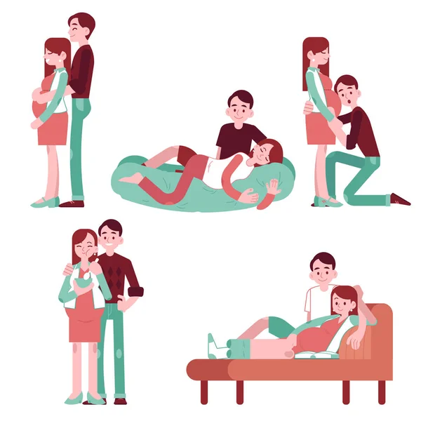 Vektor Illustration Set von glücklichen Familienpaar erwartet Baby in flachem Stil. — Stockvektor