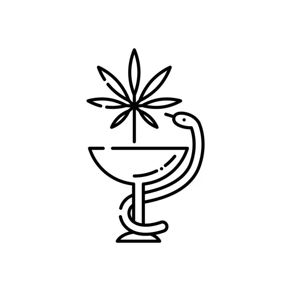 Medizinisches Marihuana-Liniensymbol - dünnes Umrisssymbol einer Schlange, die sich um eine Schüssel mit Cannabisblatt windet. — Stockvektor