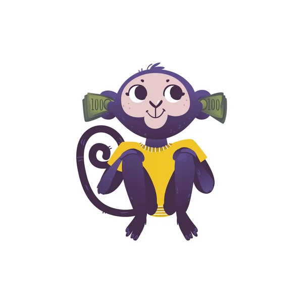 Illustration vectorielle de singe n'entendez pas à cause de piles de billets de banque dans ses oreilles . — Image vectorielle