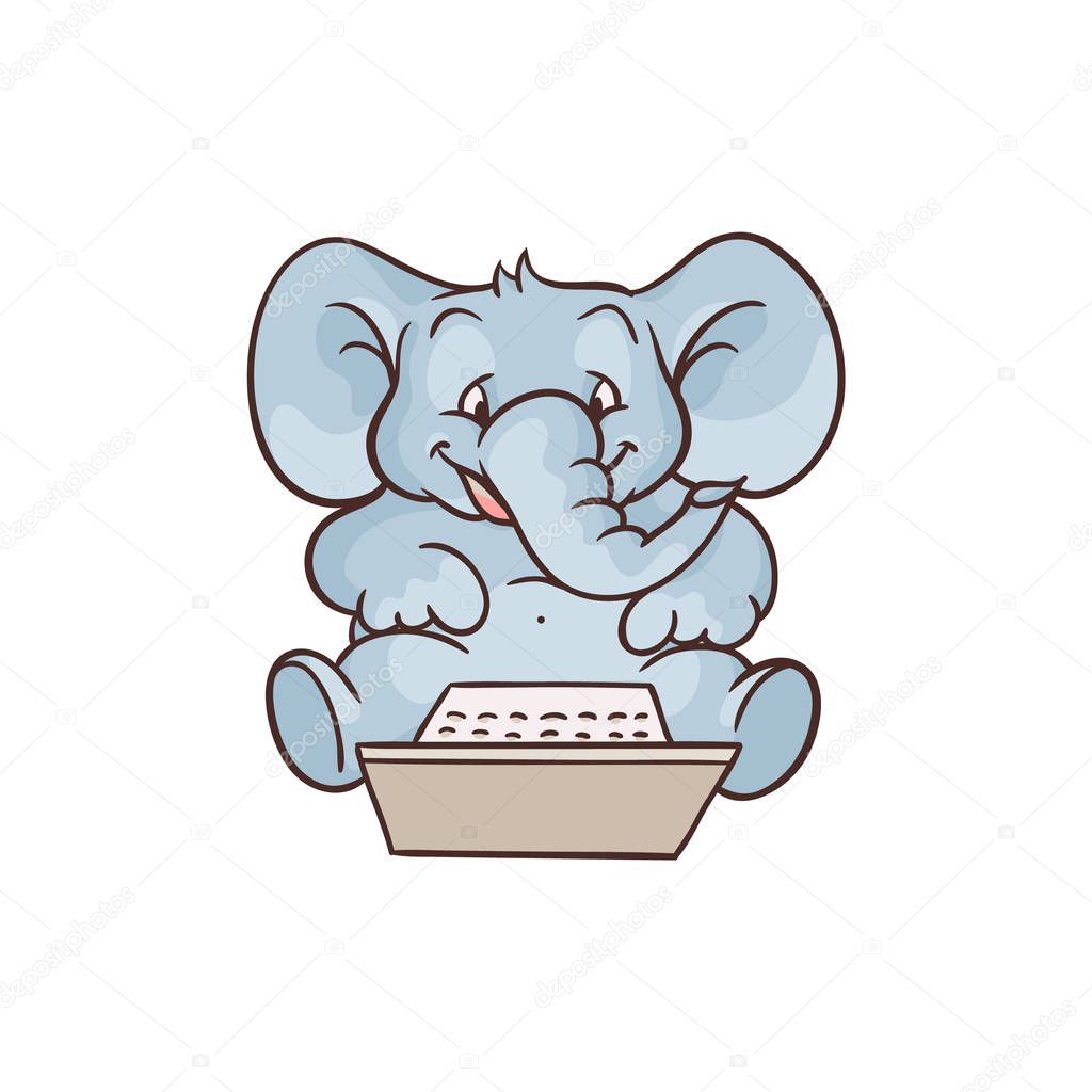 Vector cartoon elephant sitting with laptop knees