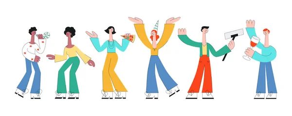 Vriend partij vectorillustratie set met mannen en vrouwen dansen en plezier. — Stockvector