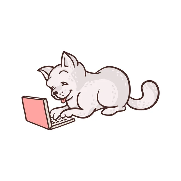 Chat dessin animé vectoriel assis avec ordinateur portable aux genoux — Image vectorielle