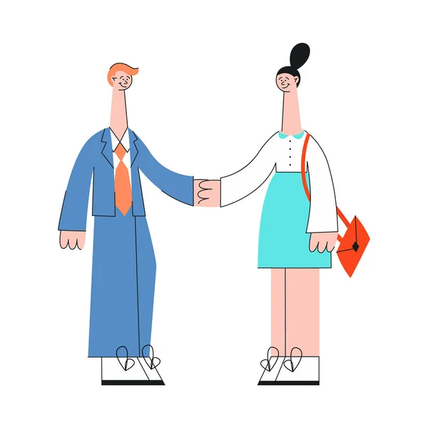 Business man and woman shaking hands in flat style. — Stock Vector