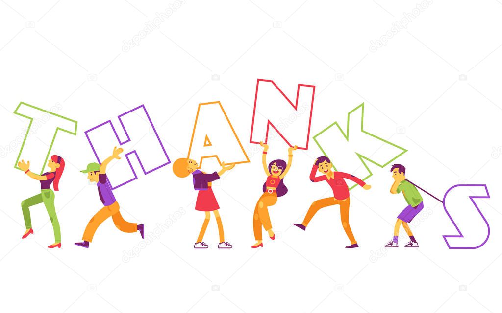 Vector illustration of Thanks text design with people holding big letters in flat style.