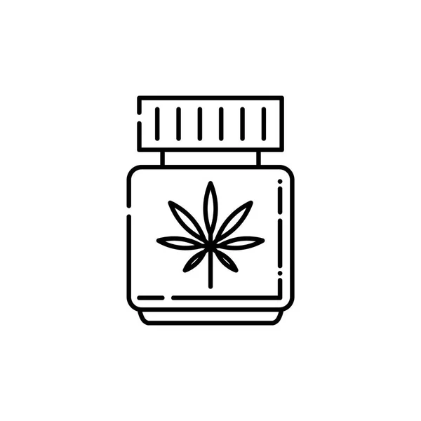 Aceite de CBD en botella con icono de la línea de la hoja de cannabis - delgada esbozo símbolo de la marihuana medicinal . — Vector de stock