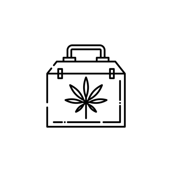 Medizinischer Koffer mit Cannabisblatt-Zeilensymbol - dünnes Umrisssymbol einer Tüte mit Marihuana. — Stockvektor
