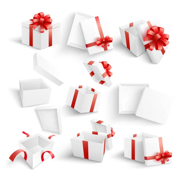 Beyaz hediye kutuları gerçekçi 3d tarzda ayarla illüstrasyon vektör. — Stok Vektör