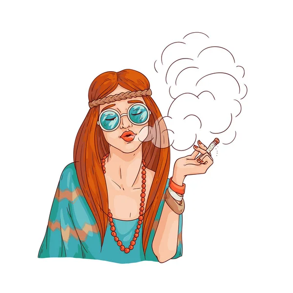 Vettore piatto hippie ragazza fumare sigaretta di cannabis — Vettoriale Stock