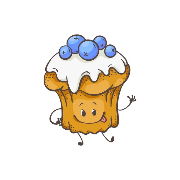 Ilustración vectorial del personaje de dibujos animados muffin con esmalte y arándanos . — Vector de stock