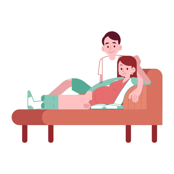 임신한 여자와 그녀의 남편 플랫 스타일에 소파에 누워. — 스톡 벡터