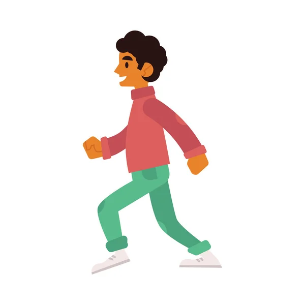 Illustration vectorielle du jeune homme heureux en vêtements décontractés courant vers l'avant . — Image vectorielle