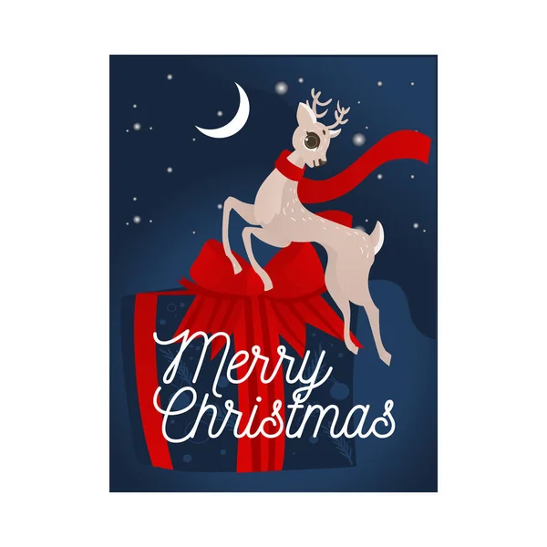 Vector illustration of Christmas and New Year congratulation card with reindeer jumping in front of big gift box. — Stock Vector