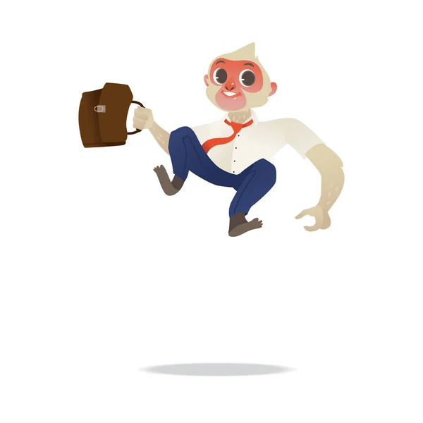 Mono alegre y sonriente en traje de negocios con maletín de cuero marrón saltando felizmente . — Archivo Imágenes Vectoriales