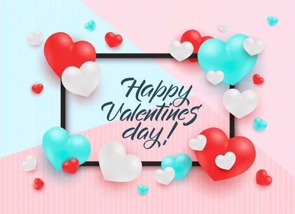 Happy Valentines Day congratulation banner with hearts on pastel background. — Stock Vector