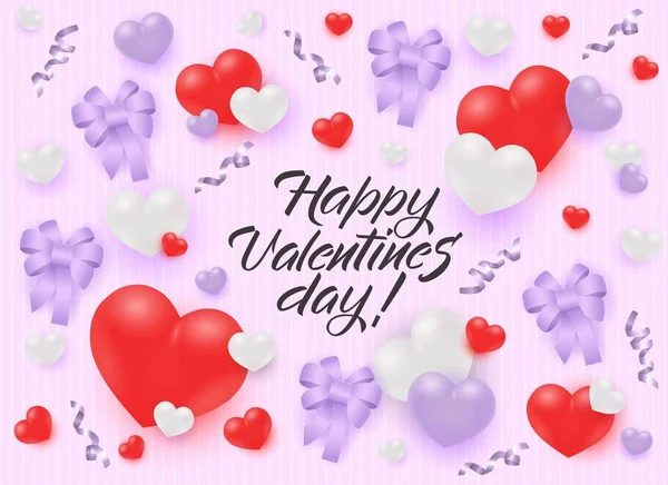 Joyeuse bannière de félicitations de la Saint Valentin avec des cœurs, des rubans et des arcs sur fond rose pastel . — Image vectorielle