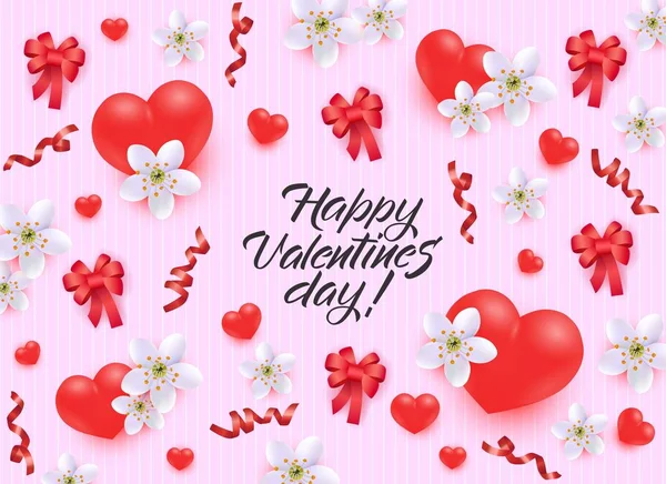 Buon San Valentino biglietto di auguri o banner con cuori realistici, nastri e fiori . — Vettoriale Stock