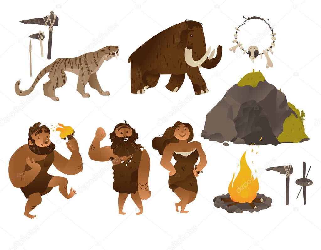 Stone age vector illustration set with various ancient people and elements of caveman life.